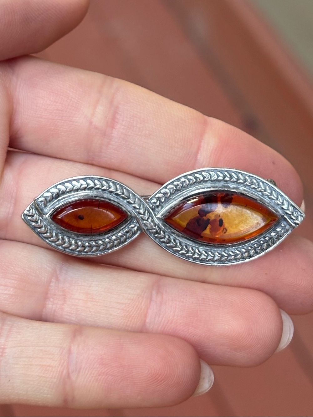 Vintage 925 Sterling Silver Baltic Amber Brooch Pin Marquise Two Stone 6.17g 2” - Picture 6 of 8